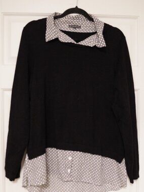 Adrianna Papell Layered Sweater Blouse XL Black White Collared Knit Office